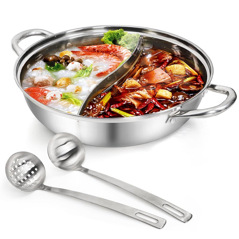 Peohud 304 Stainless Steel Hotpot Pot with Divider, 12 Inches Double-flavor Shabu Shabu Pot with Ladle and Slotted Spoon, Dual Sided Soup Cookware for Induction Cooktop Gas Stove - Image 1