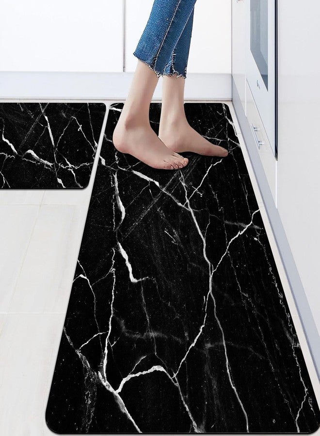 Mrcrypos Black Marble Kitchen Mat for Floor Anti Fatigue Kitchen Mat Set Non-Skid Waterproof PVC Leather (2 Pcs) for House Sink Office Kitchen Runner Mat 17.3" W X 29" L + 17.3" W X 47" L - Image 1