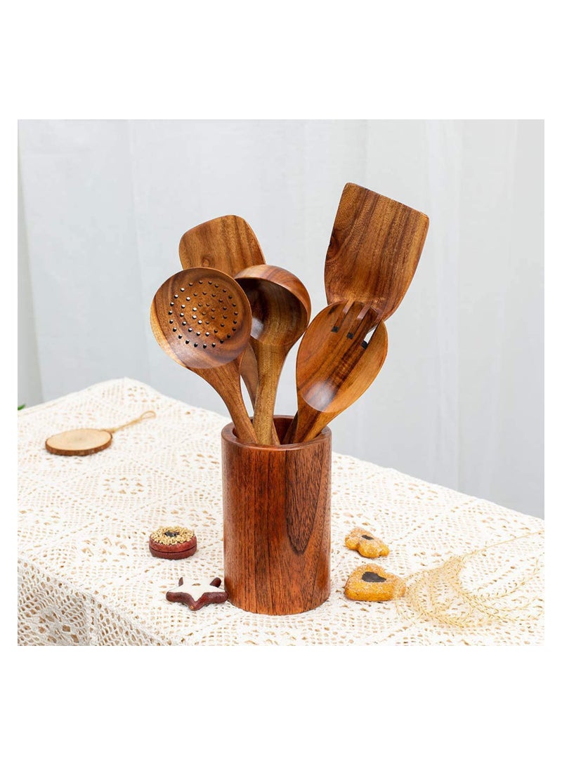 SOLARAE Wooden kitchen Utensils Holder, Kitchen Organizer Tool, Utensil Holder Crock, for Spoons Spatula Straw Cutlery Accessories Utensils Storage, Skimmer for Farmhouse Kitchen Decor - Image 3