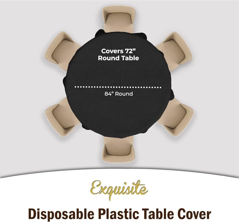Exquisite 12-Pack Plastic Tablecloth 84 inch Round Value Pack Plastic Table Cover - Black - Image 4