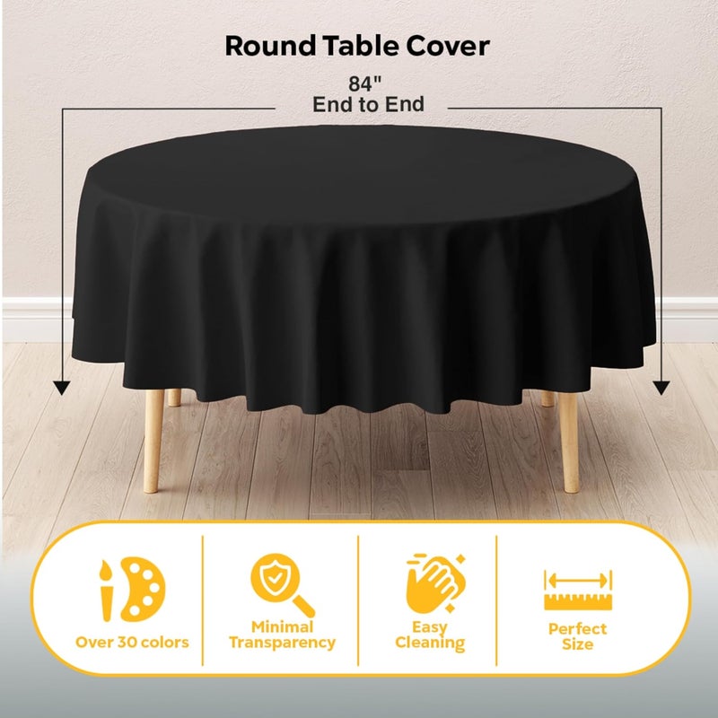 Exquisite 12-Pack Plastic Tablecloth 84 inch Round Value Pack Plastic Table Cover - Black - Image 2