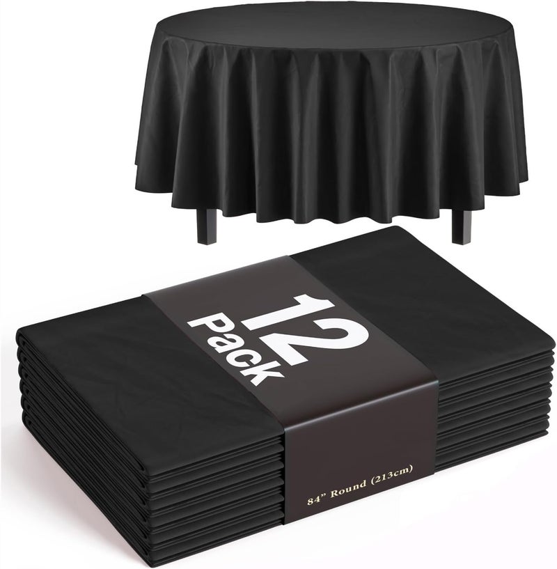 Exquisite 12-Pack Plastic Tablecloth 84 inch Round Value Pack Plastic Table Cover - Black - Image 1