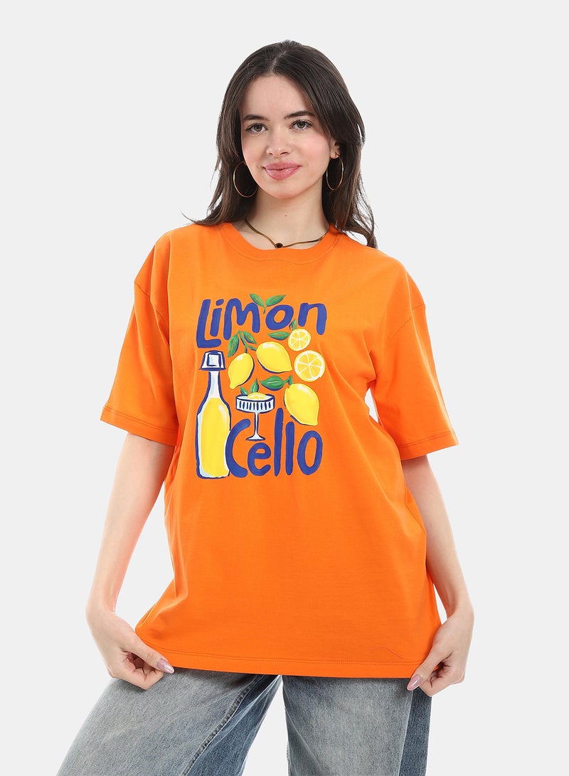 Andora Oversized Printed Cotton T-Shirt - Orange - Image 1