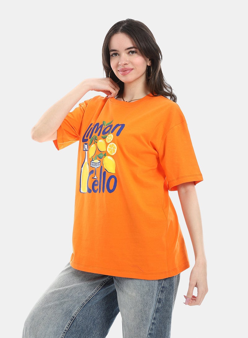 Andora Oversized Printed Cotton T-Shirt - Orange - Image 2
