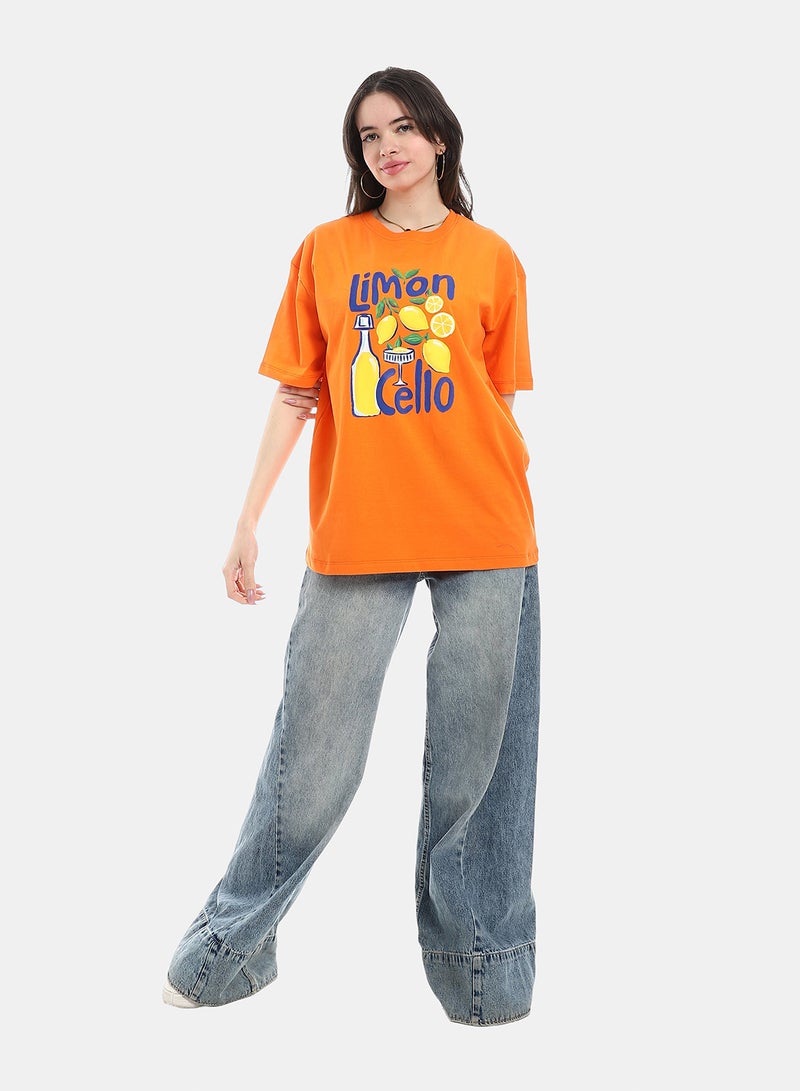 Andora Oversized Printed Cotton T-Shirt - Orange - Image 3