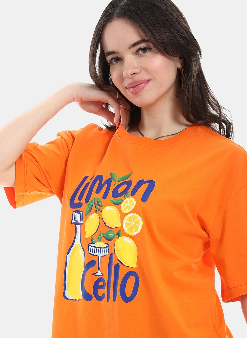 Andora Oversized Printed Cotton T-Shirt - Orange - Image 5