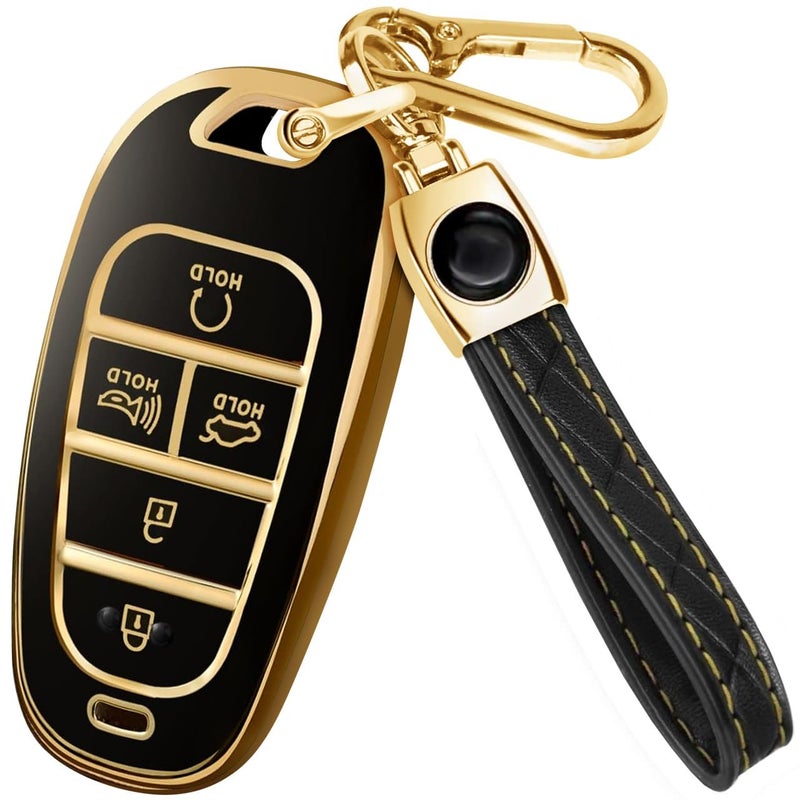 Lucrum Compatible with Hyundai Key Fob Cover & Leather Keychain, Keyfob Case for Santa Fe, Sonata, Tucson, Grandeur, Ioniq 5, Palisade, Nexo - For 5 Button Remote (2019-2025) - Black and Gold - Image 1