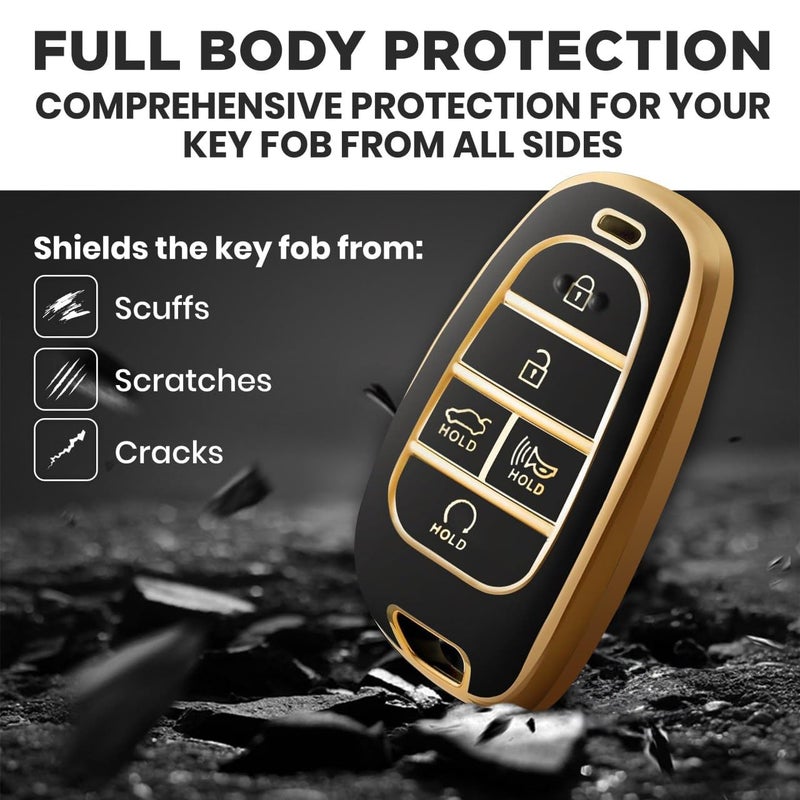 Lucrum Compatible with Hyundai Key Fob Cover & Leather Keychain, Keyfob Case for Santa Fe, Sonata, Tucson, Grandeur, Ioniq 5, Palisade, Nexo - For 5 Button Remote (2019-2025) - Black and Gold - Image 3