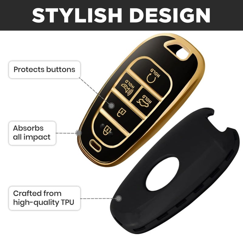 Lucrum Compatible with Hyundai Key Fob Cover & Leather Keychain, Keyfob Case for Santa Fe, Sonata, Tucson, Grandeur, Ioniq 5, Palisade, Nexo - For 5 Button Remote (2019-2025) - Black and Gold - Image 5