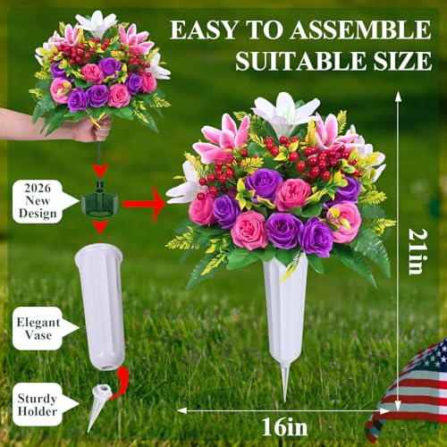 Dolicer 2 Sets Artificial Cemetery Flowers for Grave, Realistic Grave Flowers Memorial Flower UV Resistant Silk Rose Lily Flower with Vase for Cemetery Decorations (Colorful) - Image 4