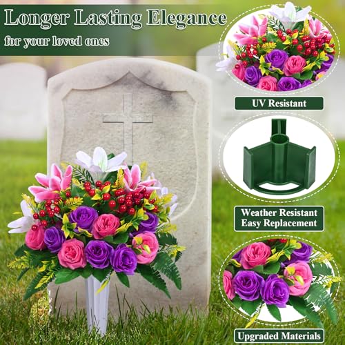 Dolicer 2 Sets Artificial Cemetery Flowers for Grave, Realistic Grave Flowers Memorial Flower UV Resistant Silk Rose Lily Flower with Vase for Cemetery Decorations (Colorful) - Image 2