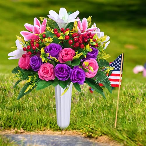 Dolicer 2 Sets Artificial Cemetery Flowers for Grave, Realistic Grave Flowers Memorial Flower UV Resistant Silk Rose Lily Flower with Vase for Cemetery Decorations (Colorful) - Image 5