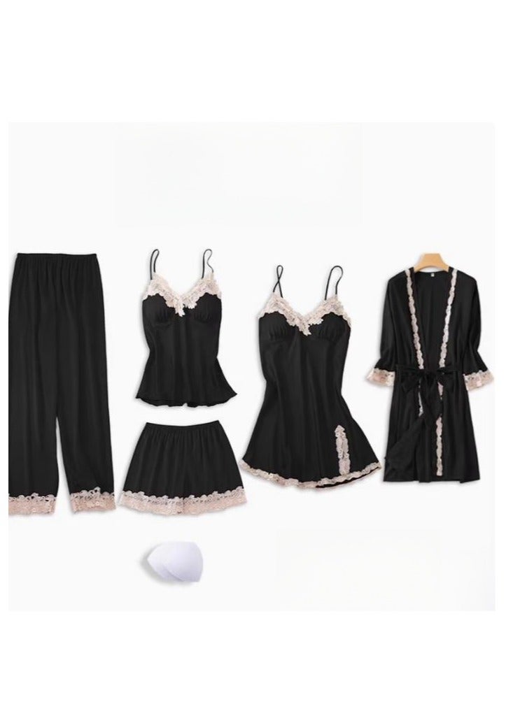 Pajama Women's Ice Silk Five Piece Set With High-End Feel And Chest Cushion Silk Home Suit Set