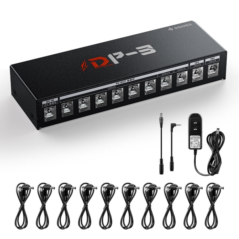 Donner DP-3 Guitar Pedal Board Power Supply, 10 Isolated DC Outputs for 9V/12V/18V Effect Pedals (100mA/300mA/500mA), Multi-Output Pedalboard Power Supply for Guitar Effects - Image 1