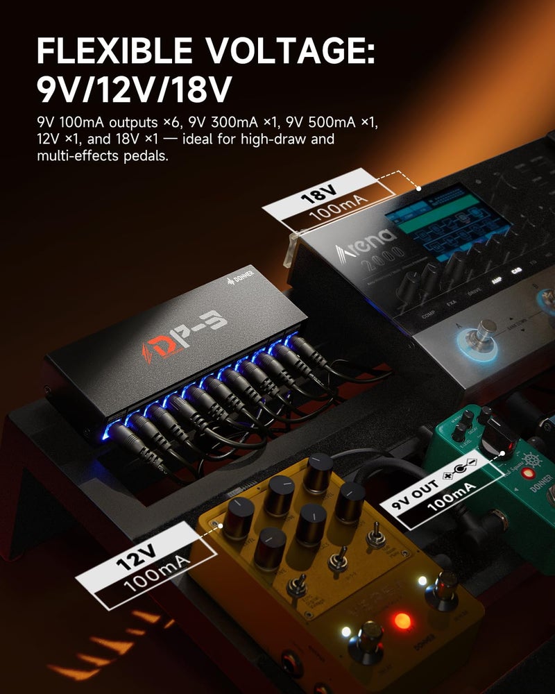 Donner DP-3 Guitar Pedal Board Power Supply, 10 Isolated DC Outputs for 9V/12V/18V Effect Pedals (100mA/300mA/500mA), Multi-Output Pedalboard Power Supply for Guitar Effects - Image 5