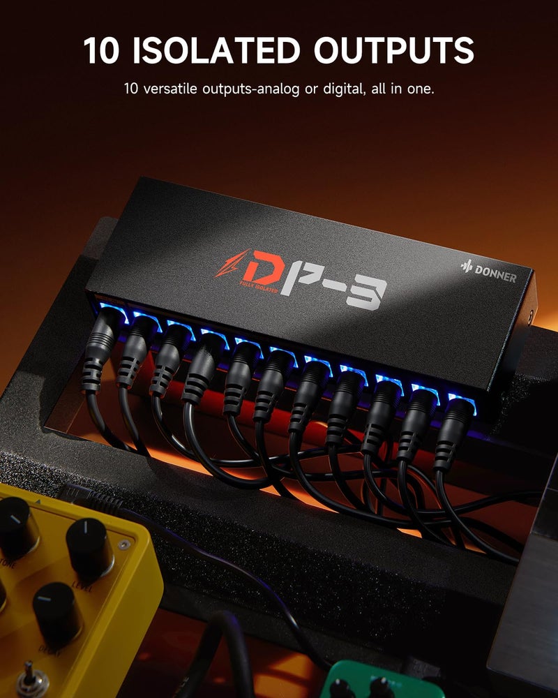 Donner DP-3 Guitar Pedal Board Power Supply, 10 Isolated DC Outputs for 9V/12V/18V Effect Pedals (100mA/300mA/500mA), Multi-Output Pedalboard Power Supply for Guitar Effects - Image 3