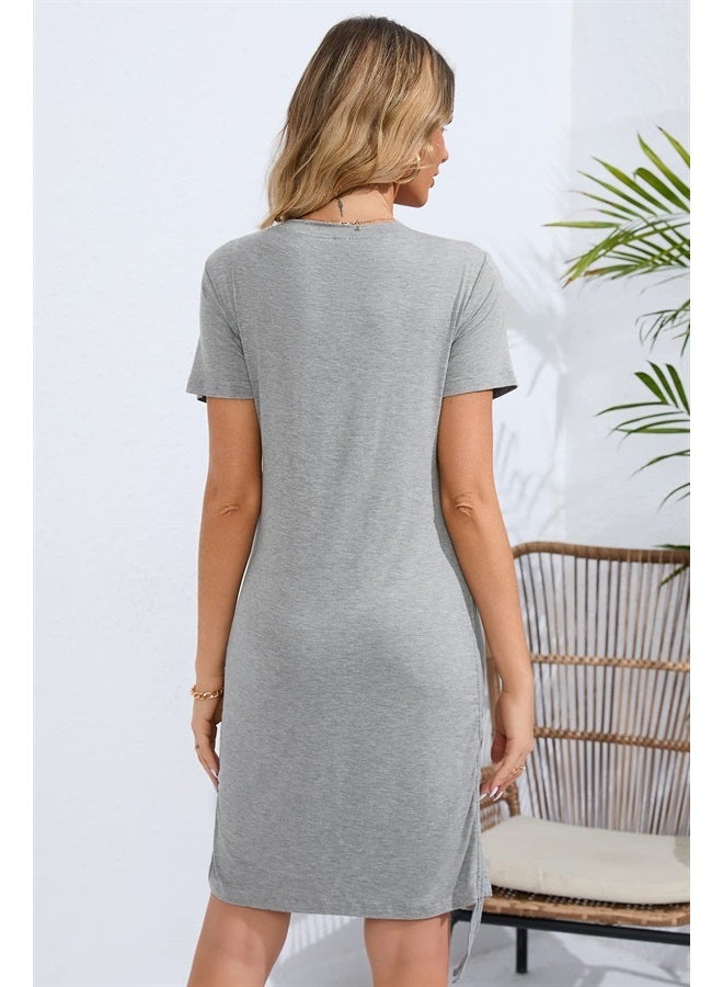 Sosolism 4 in 1 Women's Maternity Nursing T-Shirt Dress for Breastfeeding Solid Short Sleeve Top Light Grey - Image 4