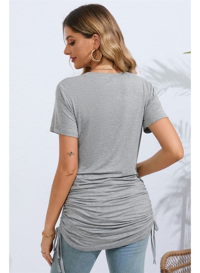 Sosolism 4 in 1 Women's Maternity Nursing T-Shirt Dress for Breastfeeding Solid Short Sleeve Top Light Grey - Image 2