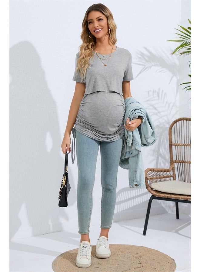 Sosolism 4 in 1 Women's Maternity Nursing T-Shirt Dress for Breastfeeding Solid Short Sleeve Top Light Grey - Image 3