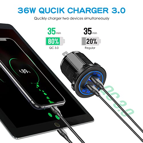 Depvko لوحة مقبس شاحن 4 في 1 محدثة، مقبس طاقة USB مزدوج QC 3.0 12 فولت ومقياس فولت السيارة ومقبس ولاعة السجائر ومفتاح تبديل روكر ON Off للسيارة والقوارب والشاحنات (مع سلك) - Image 3
