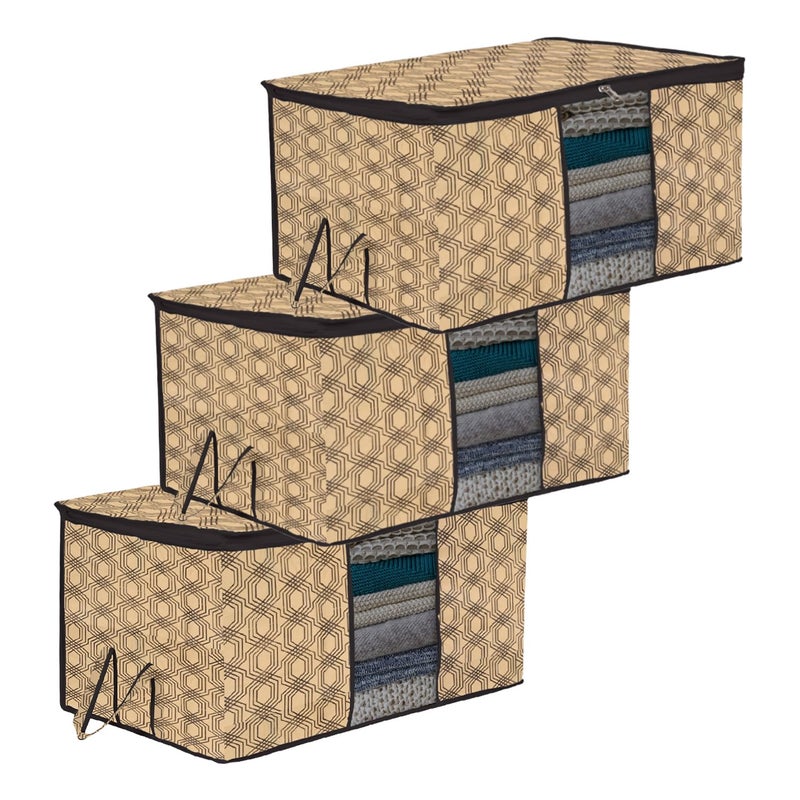 Kuber Industries Underbed Storage Bag Clothes Storage Bag Blanket Cover with Clear Window Zipper Closure Handle Cloth Organizer CheckDesign Large Pack of 3 Coffee - Image 1