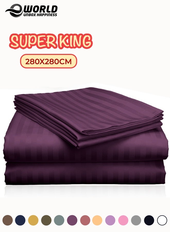 Eworld 3 Piece Super King Purple Striped Bed Sheet Set – Ultra-Soft Microfiber Striped Sheet & 2 Pillowcases, Breathable Luxury Bedding for Home & Hotel Use - Image 1