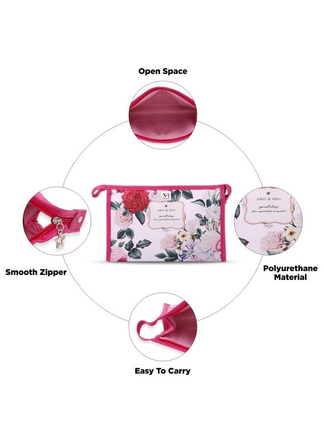 NFI essentials NFI essentials Pu Floral Print Makeup Pouch For Women, Stylish Pouches For Makeup Accessories & Travel Organiser, Cosmetic Pouch, Toiletry Make Up Bag, Pink  - Image 3