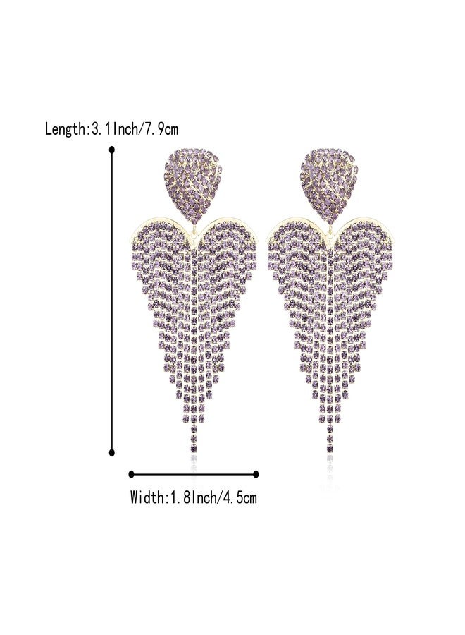 BriLove Tassel Rhinestone Heart Earrings Dangling for Women,Fashion Long Chandelier Sparkle Crystal Dangle Drop Earring Wedding Party Prom Light Purple Gold-Tone - Image 5