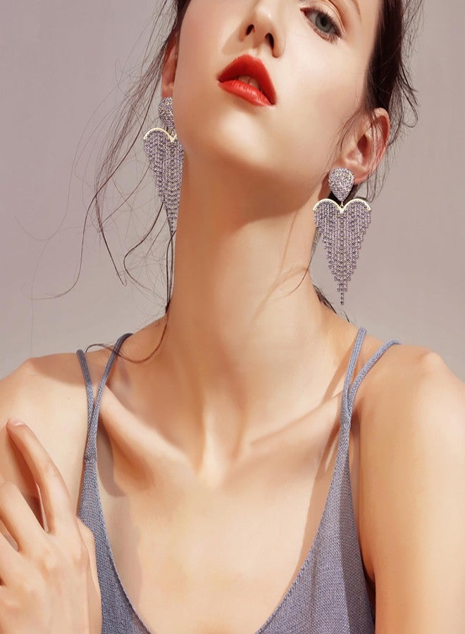 BriLove Tassel Rhinestone Heart Earrings Dangling for Women,Fashion Long Chandelier Sparkle Crystal Dangle Drop Earring Wedding Party Prom Light Purple Gold-Tone - Image 2