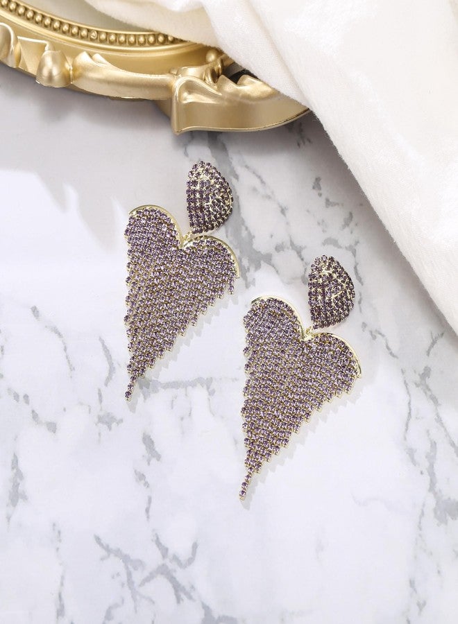 BriLove Tassel Rhinestone Heart Earrings Dangling for Women,Fashion Long Chandelier Sparkle Crystal Dangle Drop Earring Wedding Party Prom Light Purple Gold-Tone - Image 4