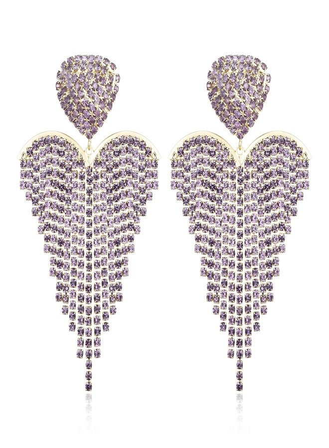 BriLove Tassel Rhinestone Heart Earrings Dangling for Women,Fashion Long Chandelier Sparkle Crystal Dangle Drop Earring Wedding Party Prom Light Purple Gold-Tone - Image 1