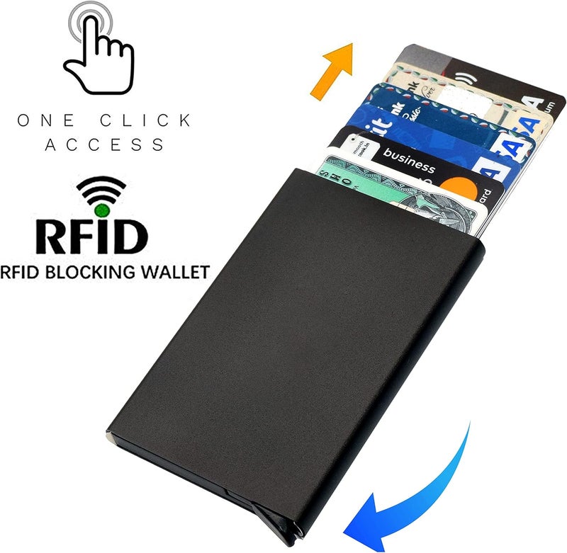 سنديا SNDIA محفظة بطاقات معدنية محمية بتقنية RFID قابلة للانبثاق – حامل بطاقات ائتمان/خصم رفيع للرجال والنساء | محفظة ألومنيوم سوداء كلاسيكية (تستوعب 6 بطاقات، 6 × 0.9 × 9.5 سم) - Image 5