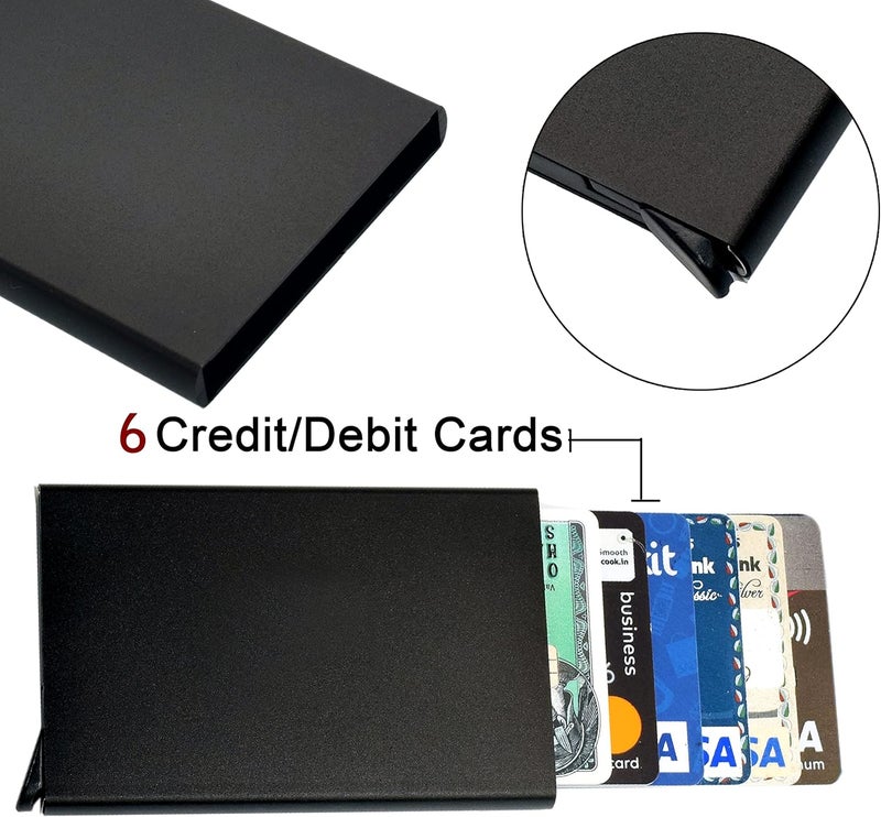 سنديا SNDIA محفظة بطاقات معدنية محمية بتقنية RFID قابلة للانبثاق – حامل بطاقات ائتمان/خصم رفيع للرجال والنساء | محفظة ألومنيوم سوداء كلاسيكية (تستوعب 6 بطاقات، 6 × 0.9 × 9.5 سم) - Image 3