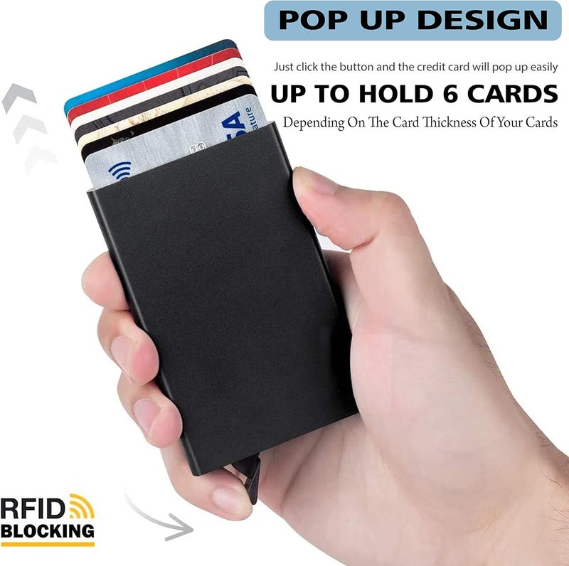 سنديا SNDIA محفظة بطاقات معدنية محمية بتقنية RFID قابلة للانبثاق – حامل بطاقات ائتمان/خصم رفيع للرجال والنساء | محفظة ألومنيوم سوداء كلاسيكية (تستوعب 6 بطاقات، 6 × 0.9 × 9.5 سم) - Image 4