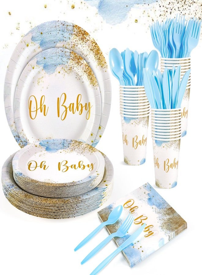 Xiangqu 175 Pcs Baby Boy Shower Plates and Napkins, Dusty Blue Baby Shower Decorations Includes Plates Napkins Cups Plastic Utensils for Boy Birthday, Serve 25 Guest - Image 1
