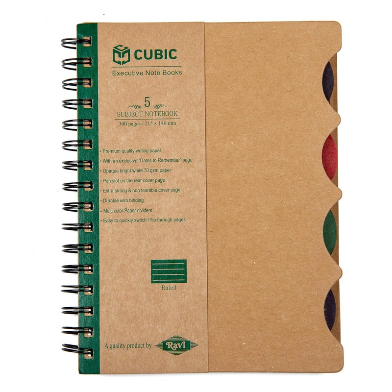 CUBIC ECO A5 5-Subject Spiral Notebook – 300 Ruled Pages | Eco-Friendly Kraft Cover | Sturdy Wiro Binding | Ideal for School, Office & Personal Notes (Green) - Image 1