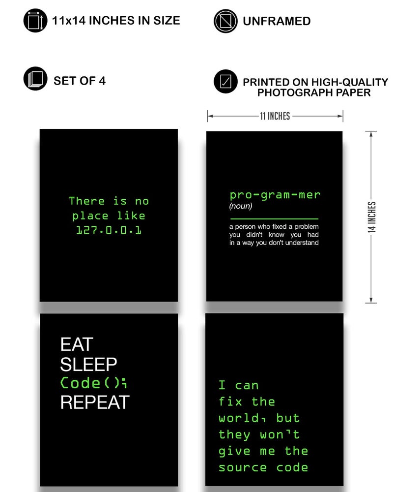 Govivo Office Decor - Computer Science Art - Set of 4 Geek Wall Art - Fun Gift For ICT Teacher, Student, Coding Nerd, Computer Programmer, Dad - 11x14 unframed print - Image 3