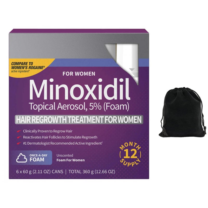 Kirkland Kirkland Signature 5 Minoxidil Foam for Women Hair Loss Regrowth Treatment 12Month Supply Unscented Easy Application 6 Cans Includes Storage Pouch Clear 
