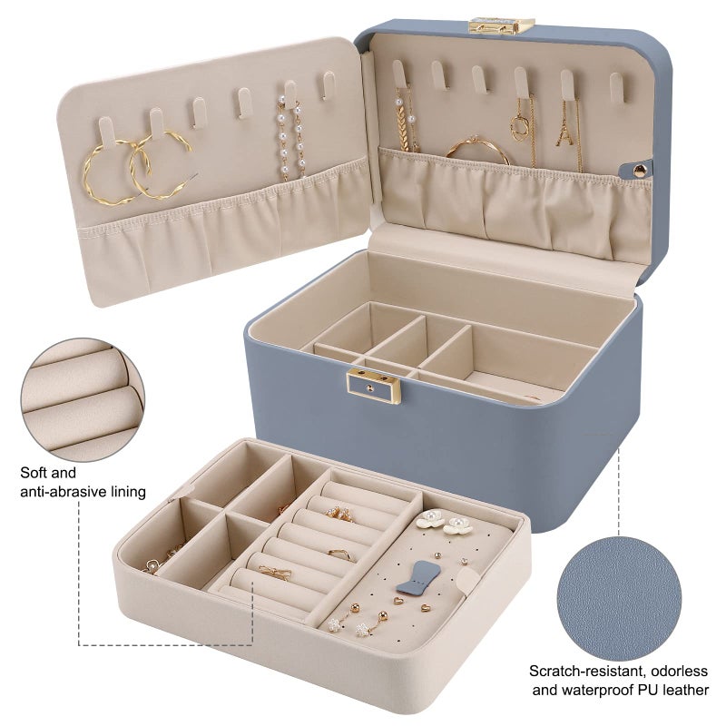 KAMIER Jewelry Organizer Box, 2 Layers PU Leather, Large Capacity, Double Lock and Large Mirror, Hidden Necklace Hooks, Removable Dividers, Gift Box Packaging,Bluish Grey - Image 4