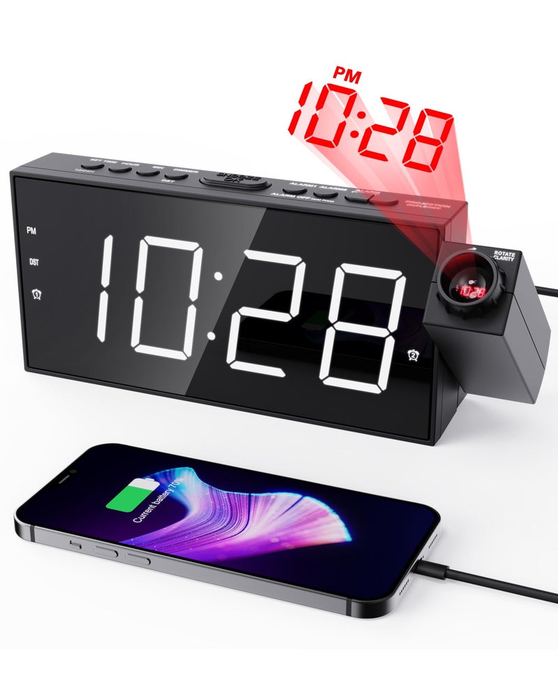 Projection Alarm Clock on CeilingDigital Clock for Bedroom with Battery Backup7Large DisplayUSB ChargerDimmer180 Rotatable Projector1224HSnoozeDSTLoud Alarm Clock for KidsAdultsElders