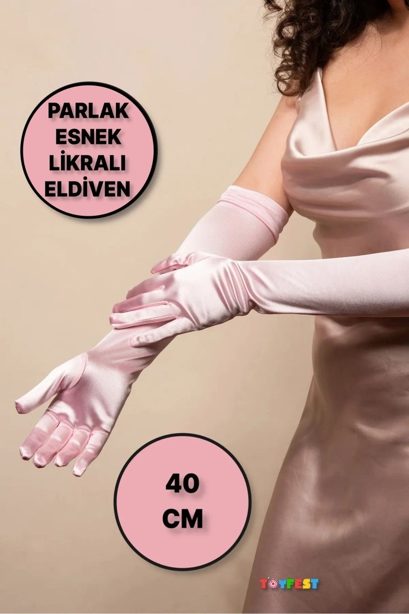 Toyfest Long Shiny Flexible Lycra Gloves 40 cm - 1 Pair - Pink  - Image 2