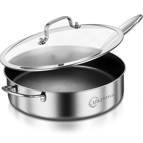 LOLYKITCH 6 QT Hybrid Tri-Ply Stainless Steel Non-Stick Sauté Pan with Lid,12 Inch Deep Frying Pan,Large Skillet,Jumbo Cooker,Induction Pan, Oven Safe and Detachable Handle. - Image 1