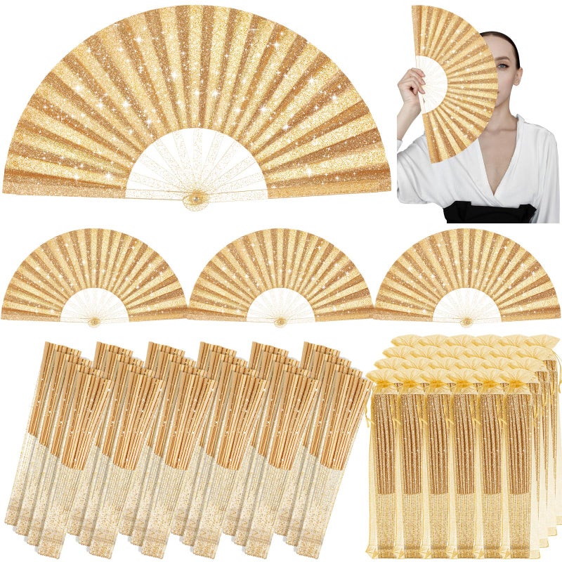 Vercraft 24 Pcs Large Folding Hand Fans for Line Dancing, Boots on The Ground Fan with Bag Clapping Popping Raves Fans Bulk for Wedding Festival Edm Club Party Decoration (Gold) - Image 1