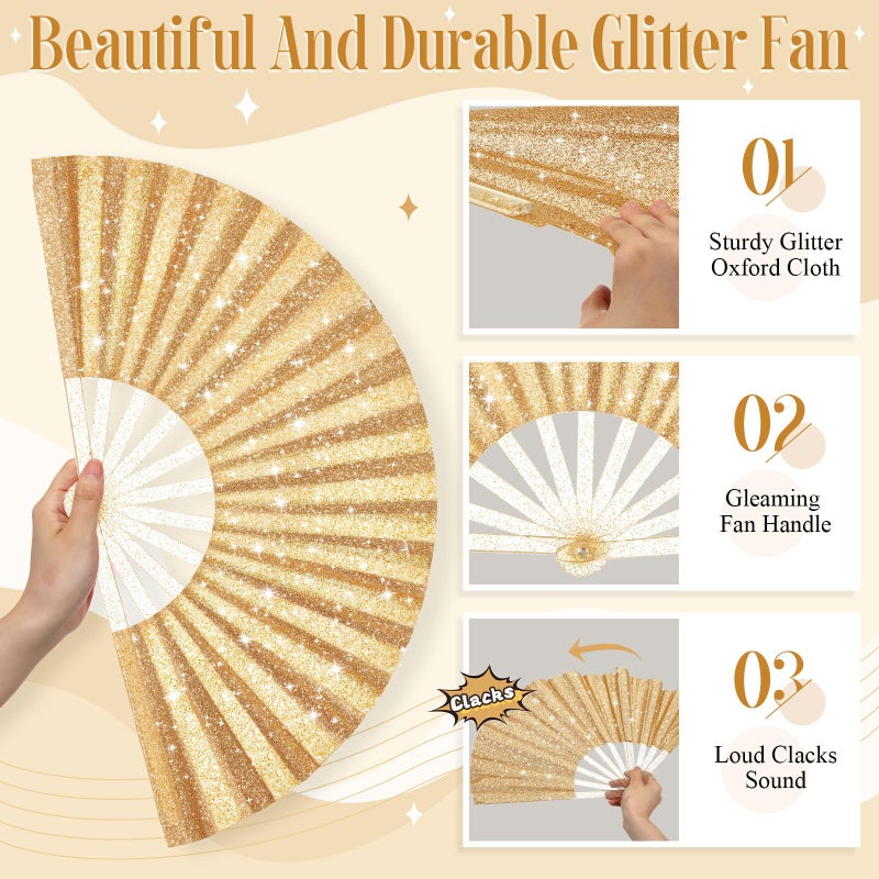Vercraft 24 Pcs Large Folding Hand Fans for Line Dancing, Boots on The Ground Fan with Bag Clapping Popping Raves Fans Bulk for Wedding Festival Edm Club Party Decoration (Gold) - Image 2