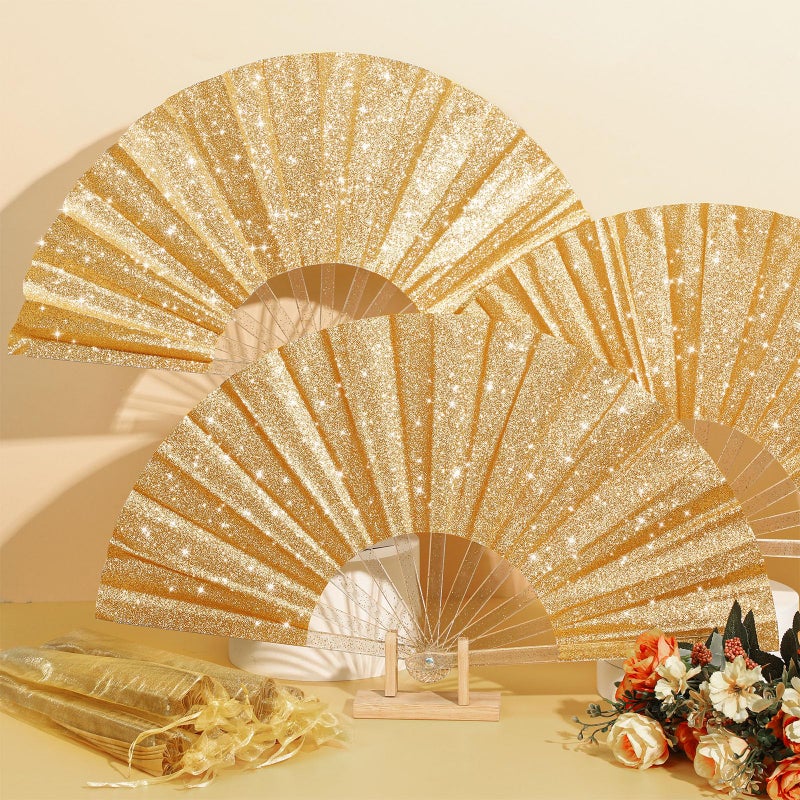 Vercraft 24 Pcs Large Folding Hand Fans for Line Dancing, Boots on The Ground Fan with Bag Clapping Popping Raves Fans Bulk for Wedding Festival Edm Club Party Decoration (Gold) - Image 4