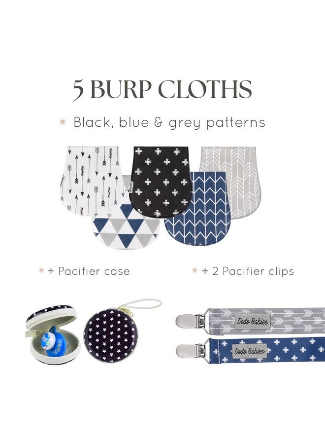 Dodo Babies 5-Pack Baby Burp Cloths - Soft, Absorbent Cotton Burp Cloths - includes Pacifier Case and 2 Pacifier Clips - Colors: Black, Blue and Gray - Image 2
