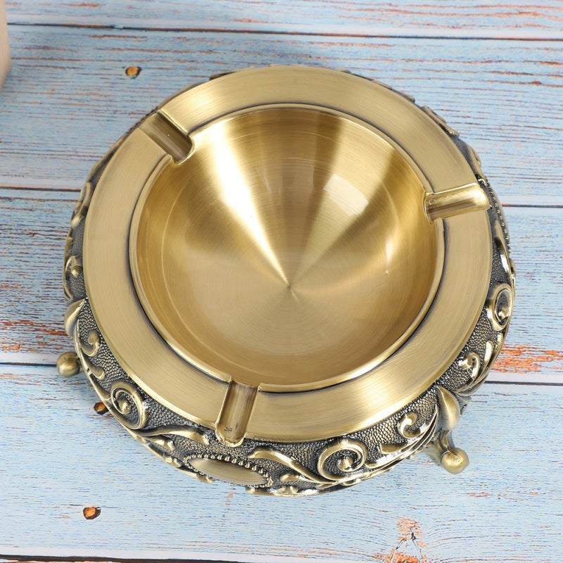 Retro Ashtray: Handmade Alloy With Exquisite Retro Relief Design - Hollow Bottom 3-Legged Stable Structure for Home Office, Living Room, Bar Table Decor - Image 2