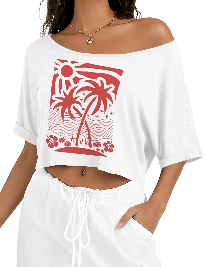 Kistore Womens Off Shoulder Crop Tops Asymmetrical Short Sleeve Loose T Shirt Casual Graphic Tee Coconut Tree Print M - Image 1