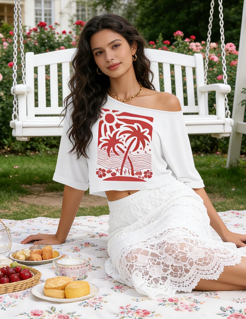 Kistore Womens Off Shoulder Crop Tops Asymmetrical Short Sleeve Loose T Shirt Casual Graphic Tee Coconut Tree Print M - Image 3