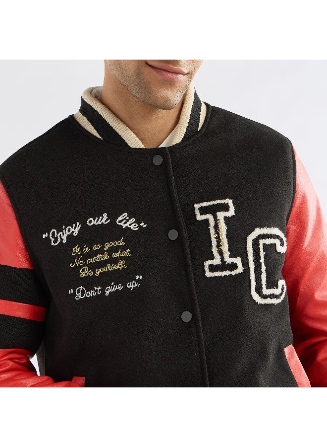 Splash FAV Slogan Detail Button Through Bomber Jacket with Pockets and Long Sleeves  - Image 2